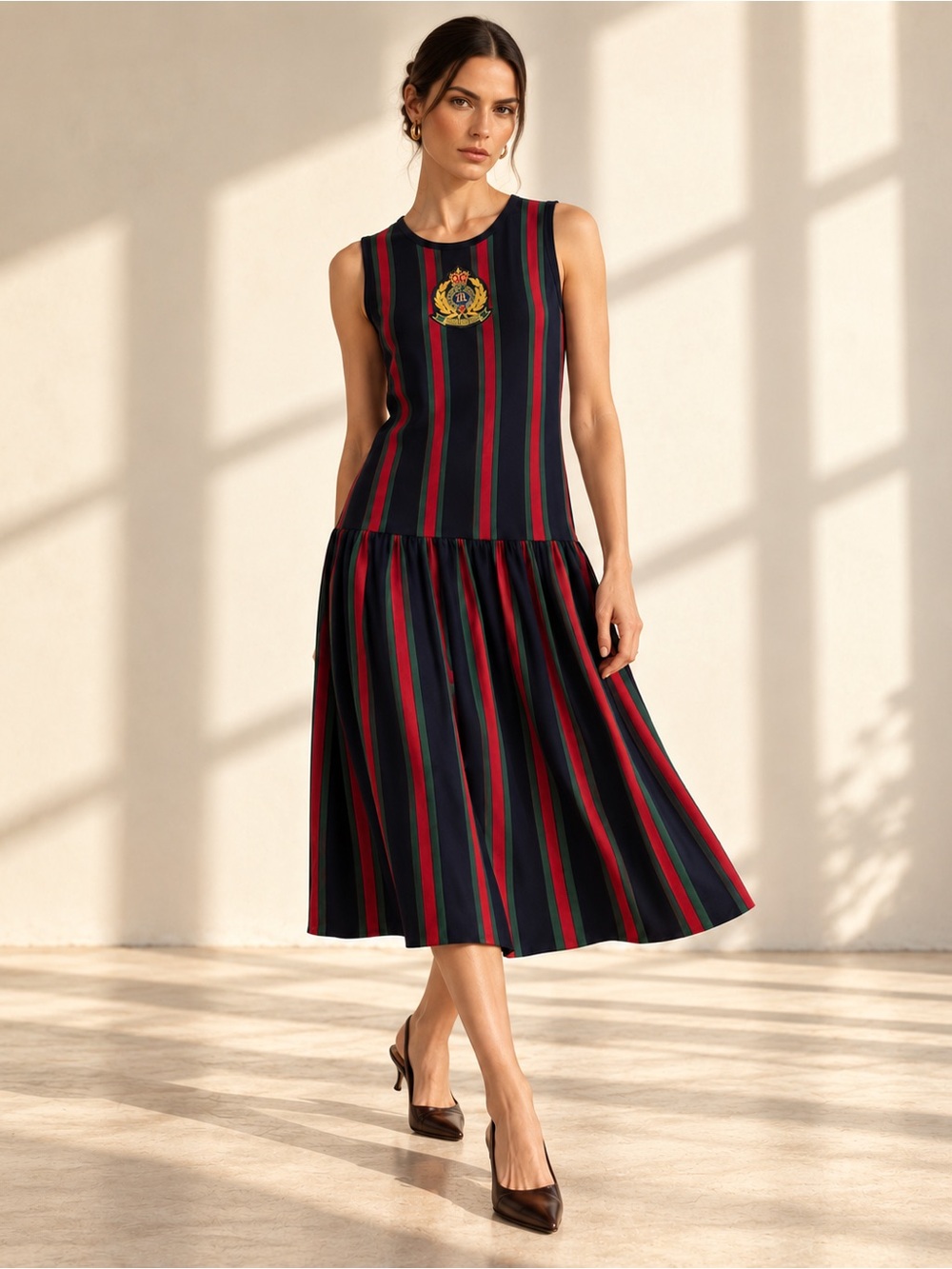 Adrienne Vittadini Sport Vtg 90s Varsity Crest Stripe Drop Waist Midi Dress M